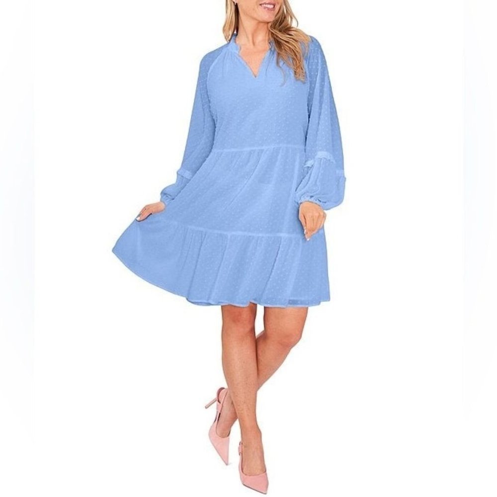CeCe Split Neck Long Sleeve Clip Dot Tiered Babydoll Dress NEW Sz 2x